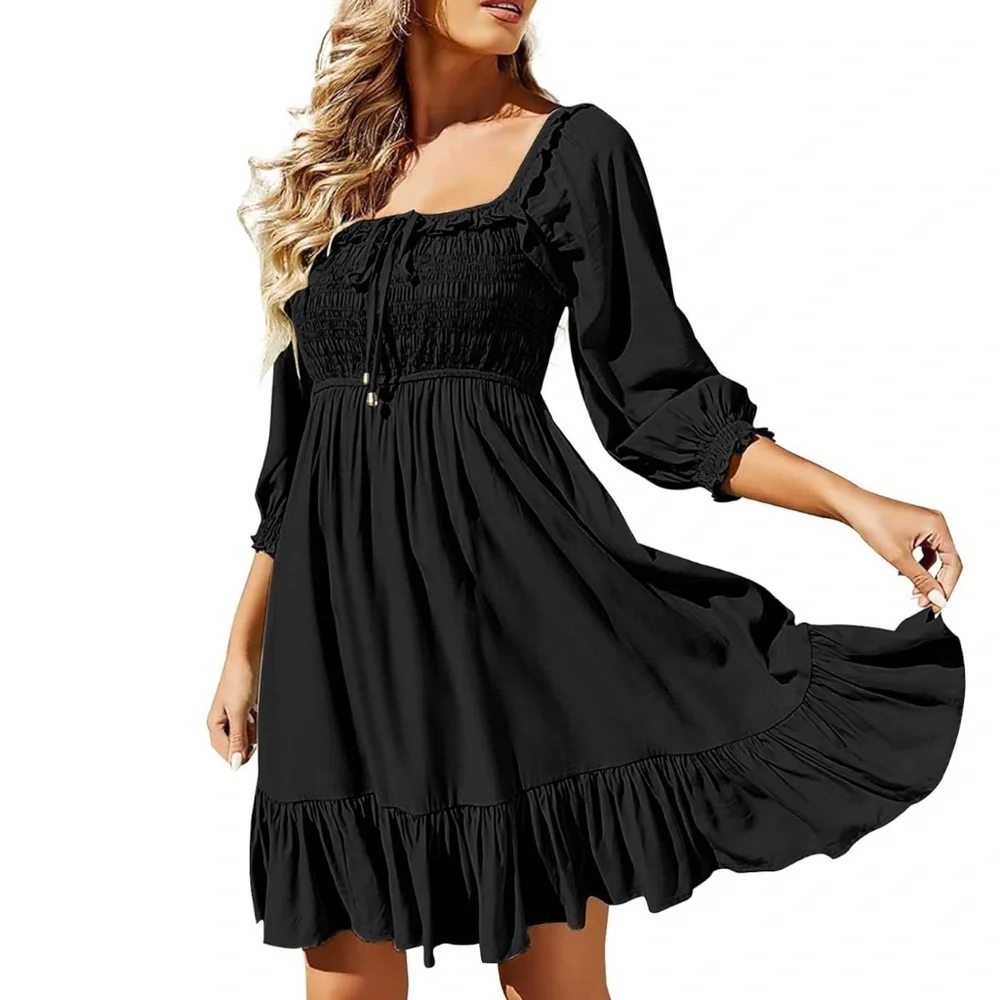 [S]In Loom WMN 3/4 Sleeve Square Neck Smocked Mid Dress Cute A Line Swing Beach - Picture 2 of 11